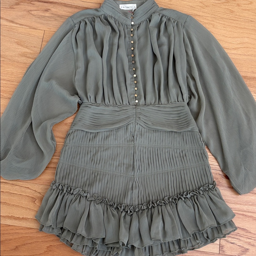 By Together $110 clothing button down fiddle dress ruffles olive green Medium M - Picture 4 of 17